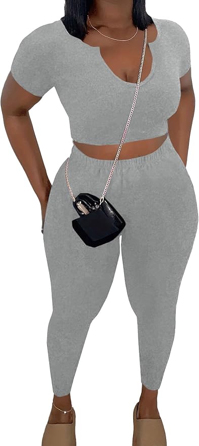 Nimsruc 2 Piece Sets For Women Sexy Casual Workout Crop Short Sleeve Long pants Leggings Sets Summer Active Wear