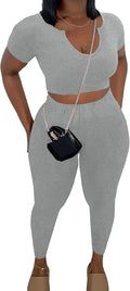 Nimsruc 2 Piece Sets For Women Sexy Casual Workout Crop Short Sleeve Long pants Leggings Sets Summer Active Wear