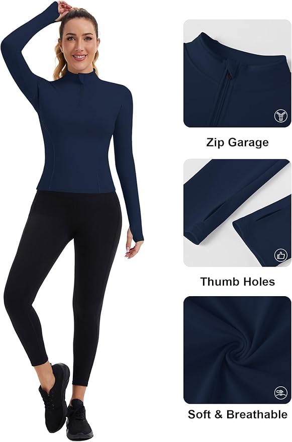 ZHENWEI Womens Workout Tops Long Sleeve Quarter Zip Pullover Quick Dry Golf Shirt Athletic Slim Fit Crop Yoga Gym Tops