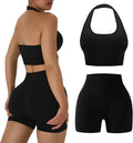 OLCHEE Workout Sets for Women 2 Piece Backless Halter Sports Bra High Waist Booty Shorts Yoga Gym Outfits Lounge Activewear