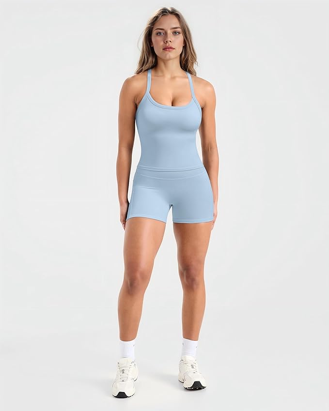 SUUKSESS Women 2 Piece Workout Sets High Waisted Biker Shorts with Pockets Built in bra Racerback Tank Tops