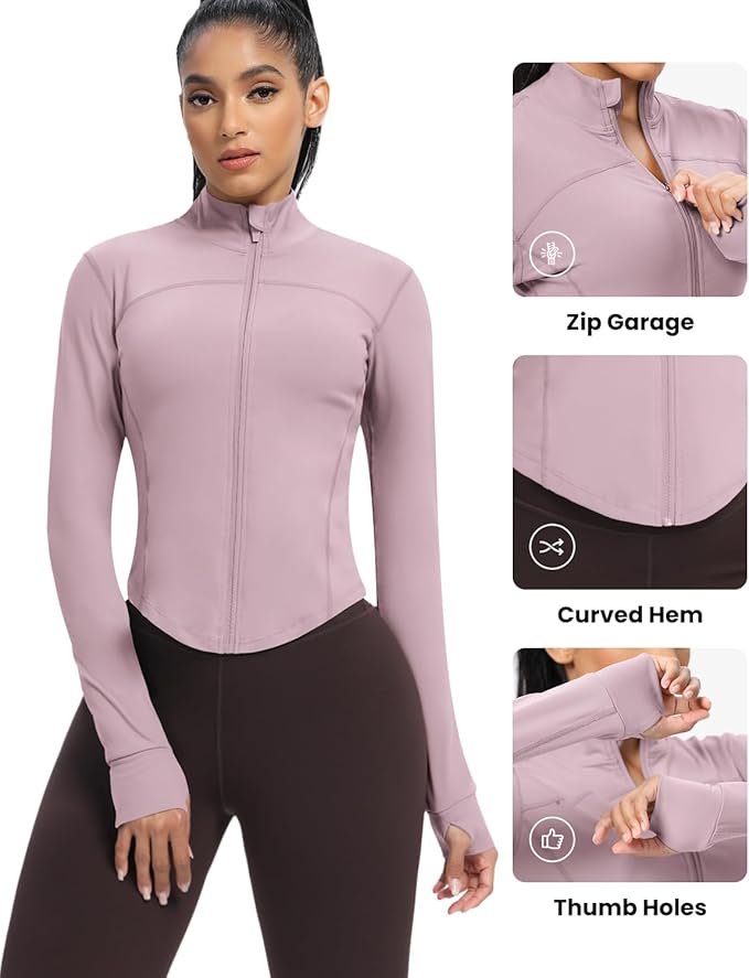 AVGO Women's Cropped Running Workout Jackets Zip Slim Fit Athletic Tops with Thumb Holes