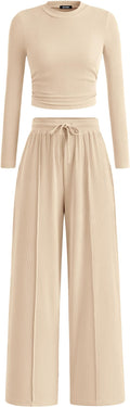 BTFBM Casual 2 Piece Sets For Women Fall Outfits 2026 Ribbed Spring Long Sleeve Crop Top Wide Leg Pants Matching Lounge Set
