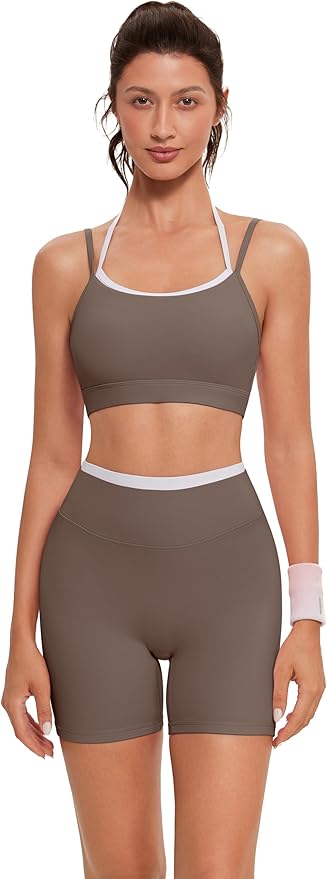 OMKAGI Workout Sets for Women Cute Doubel Layer Open Back Sports Bras Gym Shorts Outfits