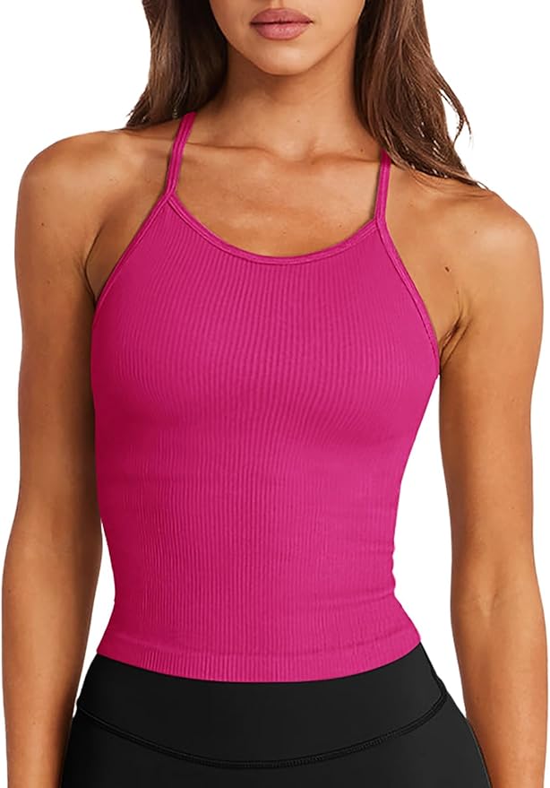 LASLULU Womens Sports Bra Seamless Long Crop Tank Racer Back Spaghetti Strap Workout Yoga Bra Padded Halter Neck Casual Tops