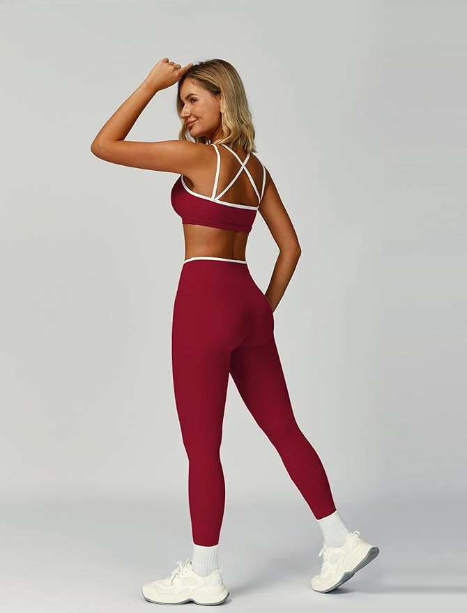 ABOCIW Two Piece Workout Sets for Women Color Block Strappy Sports Bra High Waist Leggings Yoga Pilates Outfits