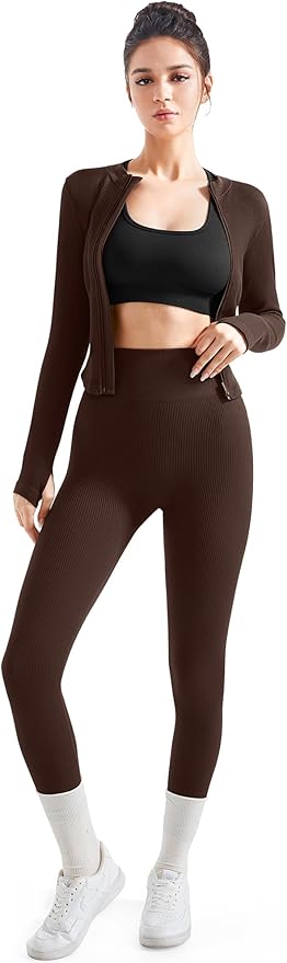 SUUKSESS Women 2 Piece Seamless Ribbed Workout Sets With Zip Up Jacket High Waisted Gym Yoga Leggings
