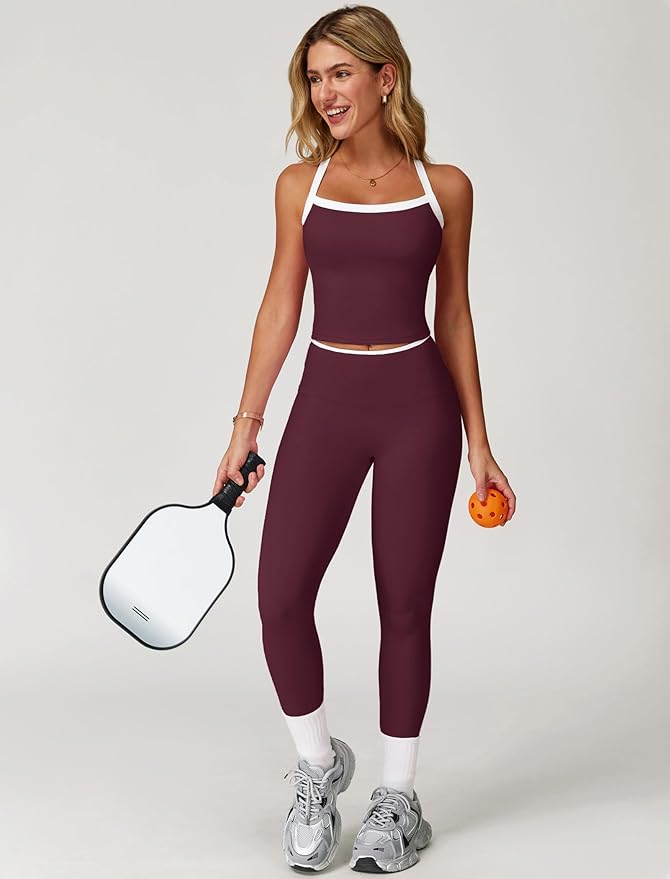 QBGJTD Womens Workout Sets Two Piece Cross Back Tank Top Matching High Waist Leggings Sets Gym Outfits Work Out Clothes