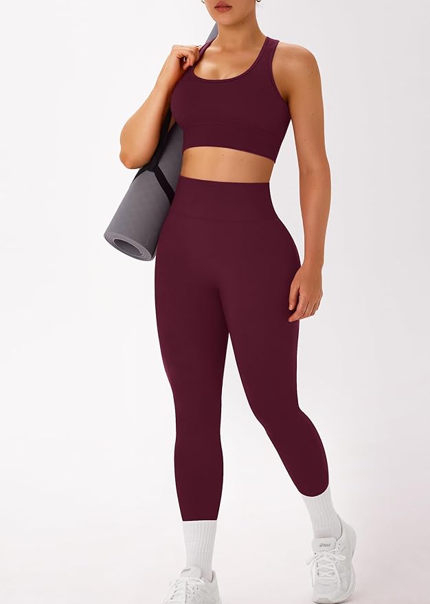 OLCHEE Womens Workout Sets 2 Piece - Acid Wash Seamless Yoga Outfits High Waist Leggings Padded Racerback Sports Bra Gym Set