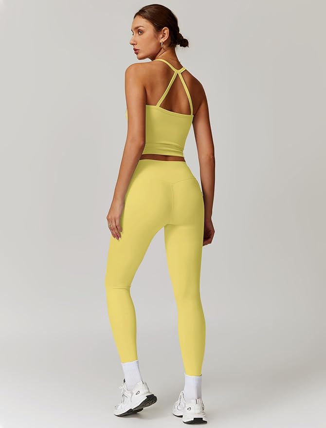 QBGJTD Womens Workout Sets Two Piece Cross Back Tank Top Matching High Waist Leggings Sets Gym Outfits Work Out Clothes