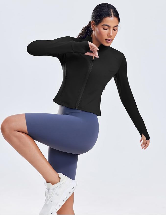 PINSPARK Women Cropped Workout Jackets Full Zip Slim Fit Athletic Jackets Thumb Holes Running Jacket with Zipper Pockets