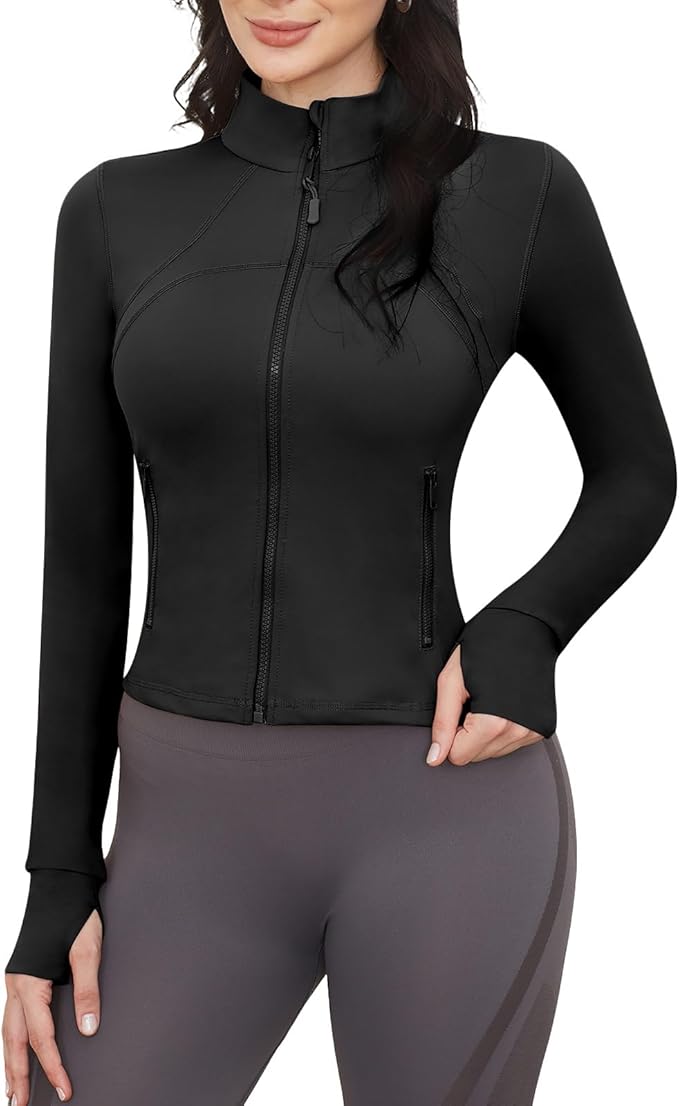 Workout Jackets for Women: Athletic Gym Running Cropped Zip Up Tops with Thumb Holes Slim Fit Lightweight Sportswear