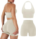 OLCHEE Workout Sets for Women 2 Piece Backless Halter Sports Bra High Waist Booty Shorts Yoga Gym Outfits Lounge Activewear