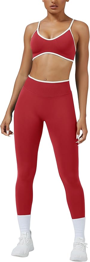 ABOCIW Womens 2 Piece Workout Sets Seamless Color Block Sports Bra Scrunch Butt Lifting High Waist Leggings Gym Set