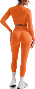 SUUKSESS Women 2 Piece Workout Sets Hidden Scrunch Hip Lifting Seamless Leggings Long Sleeve Yoga Crop Tops