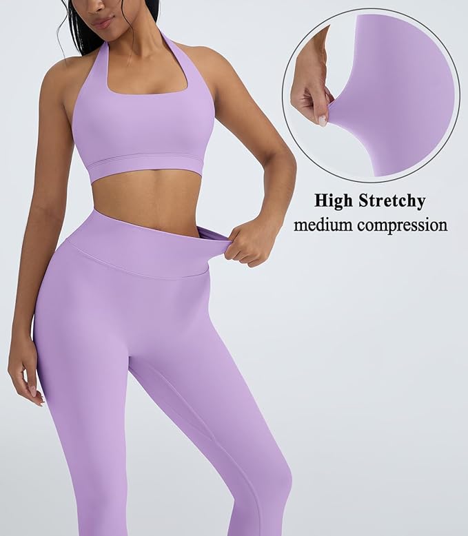OMKAGI 2 Piece Workout Sets for Women Halter Sports Bras Gym Sets Booty Leggings Outfits