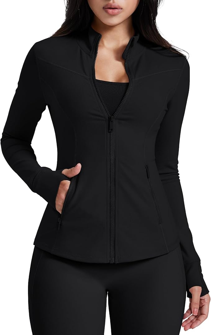 AVGO Womens Running Jackets Lightweight Slim Fit Workout Jacket Zip Up Athletic Track Gym Tops with Pockets & Thumb holes