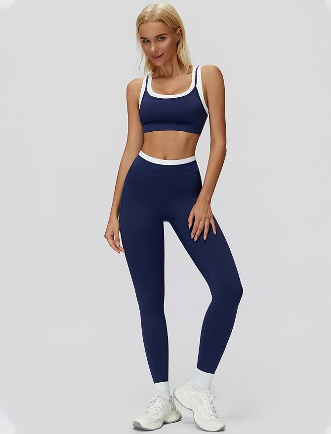 Women 2 Piece Workout U Back Color Block Sports Bra High Waist Active Leggings Yoga Pilates Outfits
