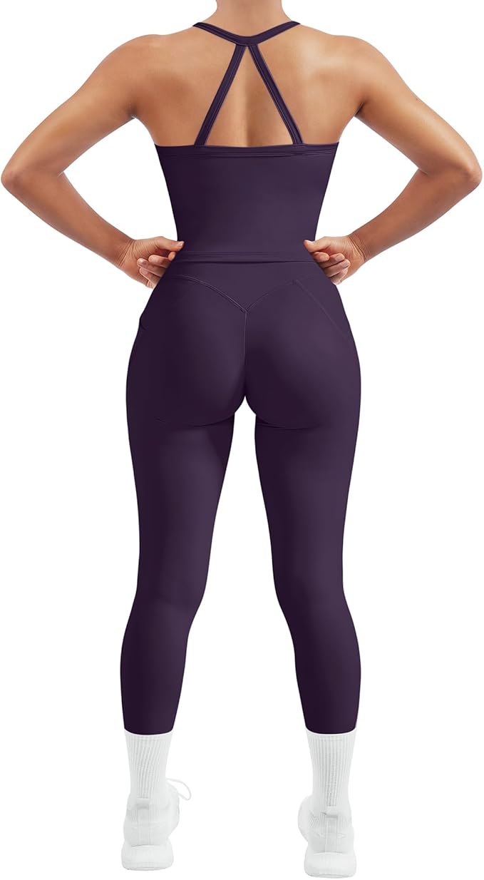 SUUKSESS Women 2 Piece Workout Sets Compression Tummy Control Leggings with Pockets Halter Built in Bra Tank Tops