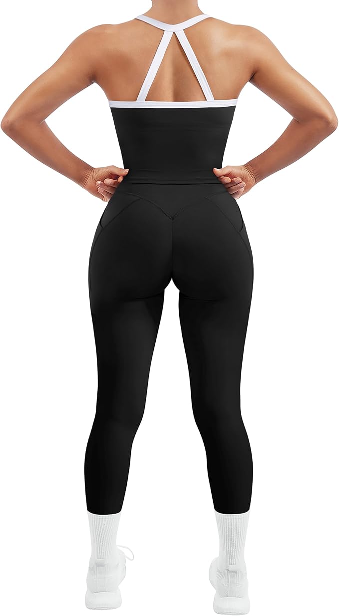 SUUKSESS Women 2 Piece Workout Sets Compression Tummy Control Leggings with Pockets Halter Built in Bra Tank Tops