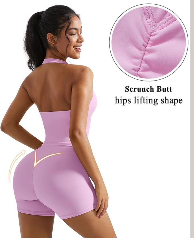 OMKAGI 2 Piece Workout Sets for Women Halter Sports Bra Tank Gym Biker Shorts Outfits