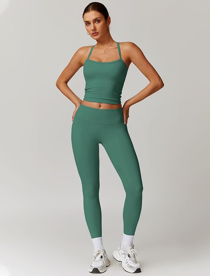 QBGJTD Womens Workout Sets Two Piece Cross Back Tank Top Matching High Waist Leggings Sets Gym Outfits Work Out Clothes