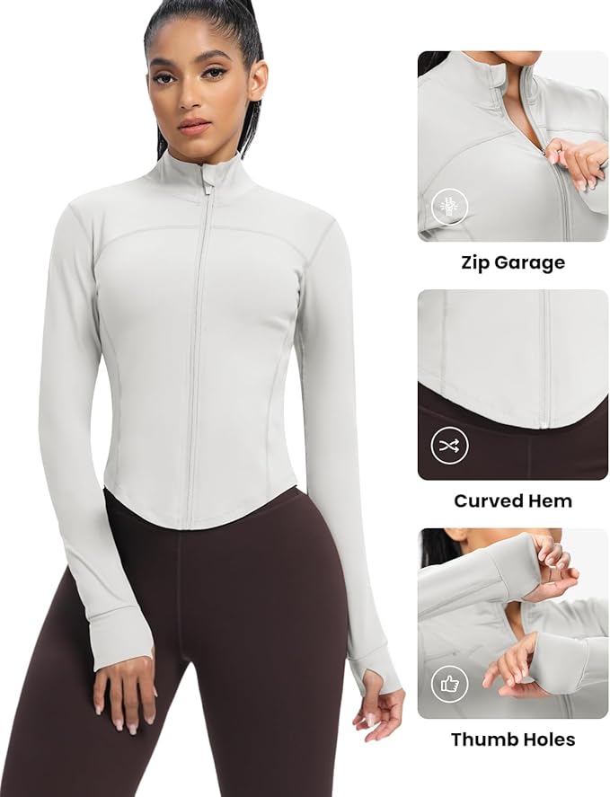 AVGO Women's Cropped Running Workout Jackets Zip Slim Fit Athletic Tops with Thumb Holes