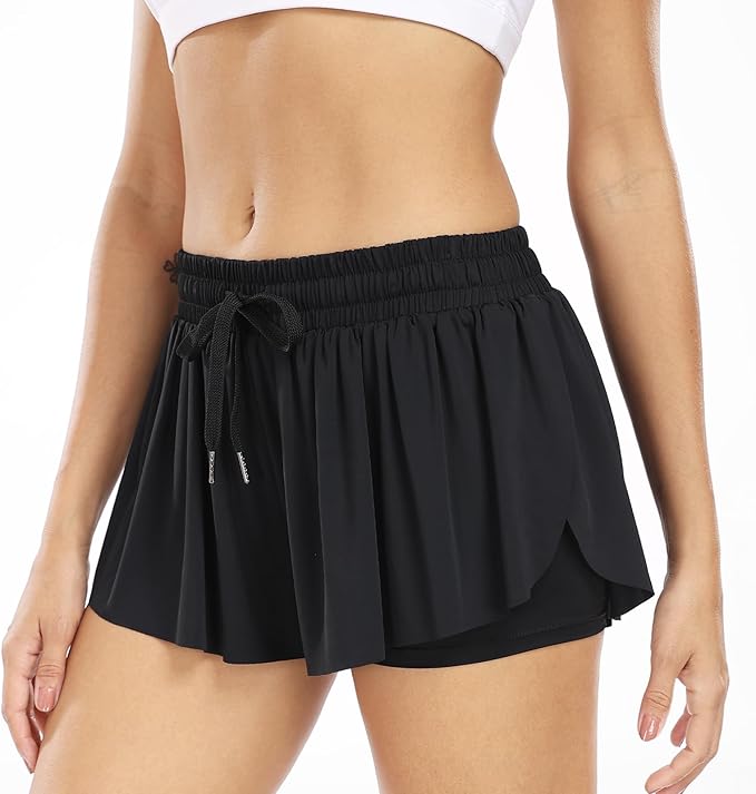 Wsirmet Flowy Shorts for Women Butterfly Shorts 2 in 1 Athletic Workout Gym Biker Running Shorts with Pockets