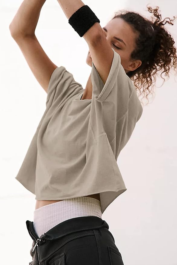 Women's Oversize Workout Crop Tops Casual Short Sleeve Drop Shoulder Boxy T-Shirts Roll Hem Basic Loose Yoga Running Tees