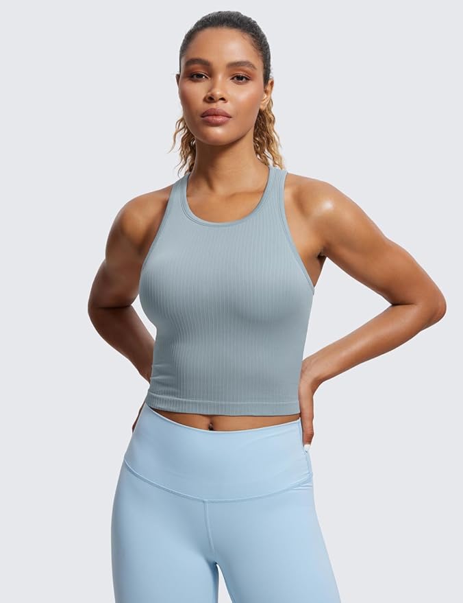CRZ YOGA Seamless Ribbed High Neck Crop Tank Tops for Women - Longline Racerback Padded Sports Bras