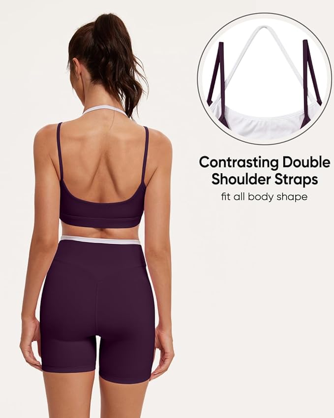 OMKAGI Workout Sets for Women Cute Doubel Layer Open Back Sports Bras Gym Shorts Outfits