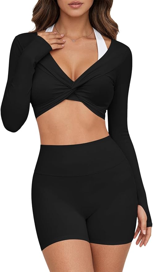 Yousify Womens Long Sleeve Workout Crop Tops Twist Deep V Neck Y2k Yoga Pilates Ballet T Shirt Top with Thumb Holes
