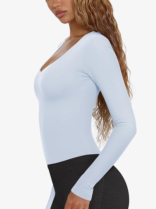 LASLULU Womens Long Sleeve Sexy V Neck T Shirts Basic Workout Tops Athletic Yoga Casual Crop Top