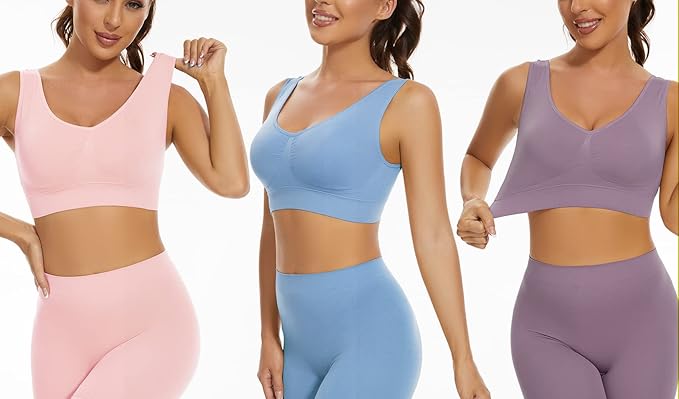 Lemef 3-Pack Seamless Sports Bra Wirefree Yoga Bra with Removable Pads for Women