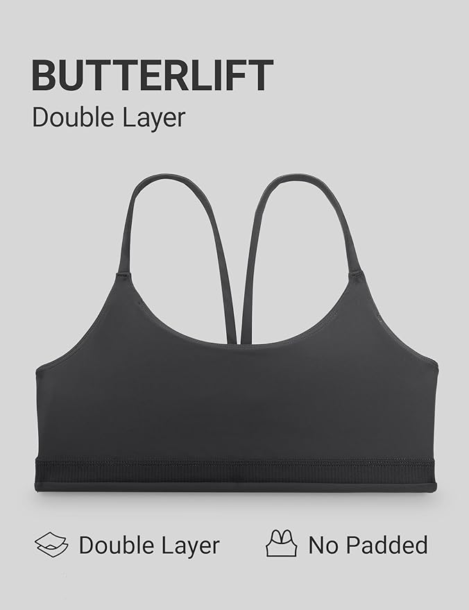 CRZ YOGA Butterlift Double Lined V Back Sports Bras for Women - Scoop Neck Spaghetti Strap Wireless Yoga Top Non Padded