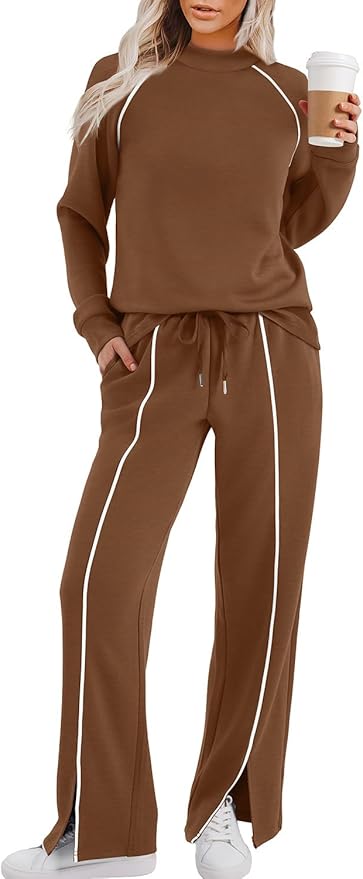 WIHOLL Lounge Sets for Women 2 Piece Fall Outfits 2025 Wide Leg Pant Matching Sets Womens Clothing