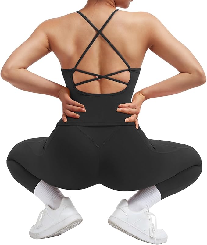 SUUKSESS Women 2 Piece Workout Sets Padded Tank Tops Tummy Control Leggings Gym Outfits