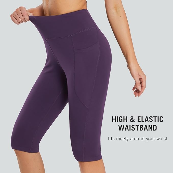 baleaf Women's Capri Leggings with Pockets High Waisted Knee Length Capris Stretch for Casual Yoga Pants Workout Exercise