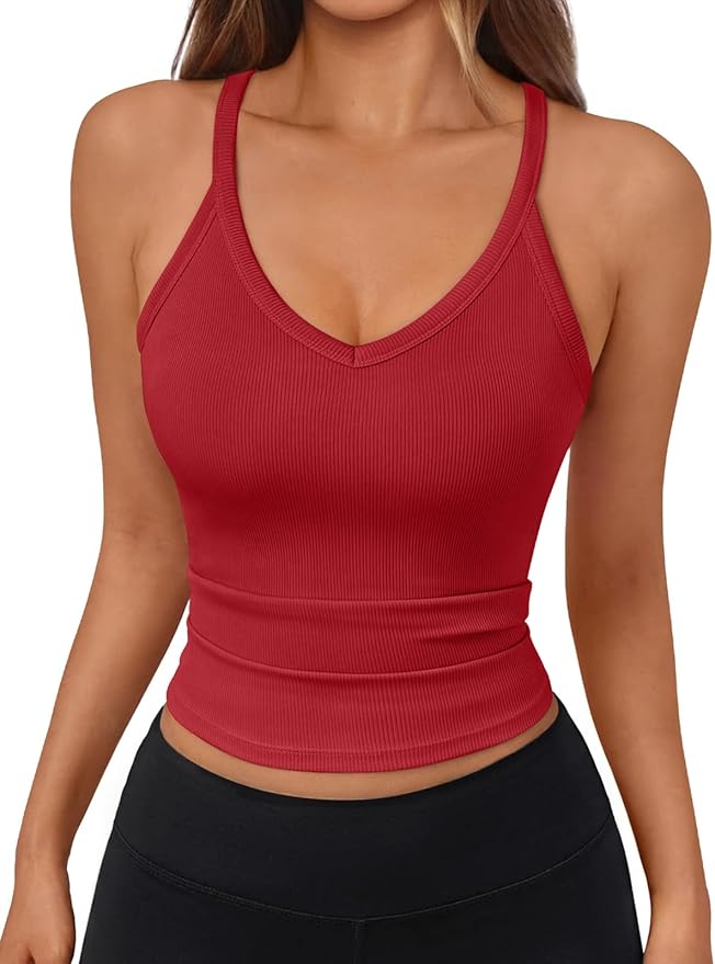 Trendy Queen Womens Racerback Ribbed Tank Tops Soft Stretch V Neck Workout Casual Tops Summer Sleeveless Crop Camisole