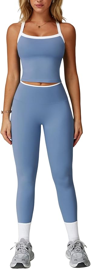 QBGJTD Womens Workout Sets Two Piece Cross Back Tank Top Matching High Waist Leggings Sets Gym Outfits Work Out Clothes