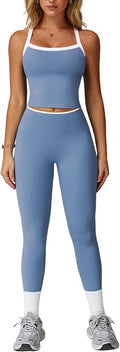 QBGJTD Womens Workout Sets Two Piece Cross Back Tank Top Matching High Waist Leggings Sets Gym Outfits Work Out Clothes