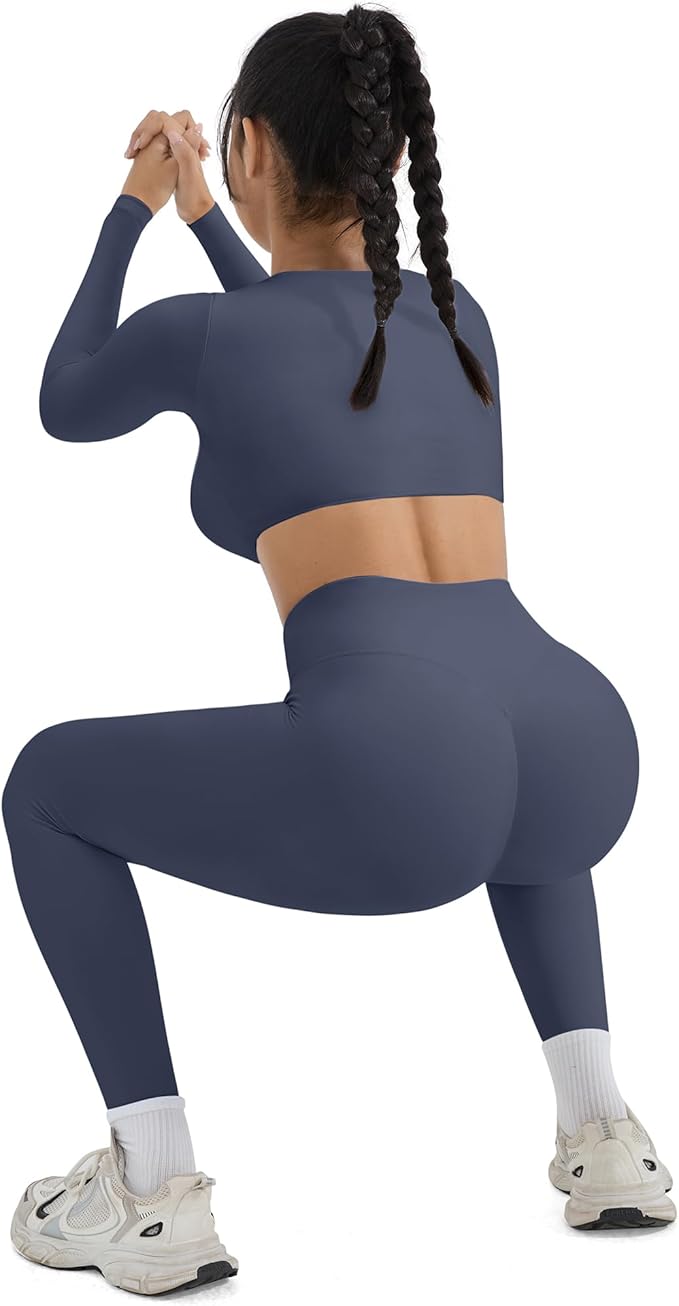 SUUKSESS Women 2 Piece Workout Sets Compression Tummy Control Leggings with Pockets Long Sleeve Square Neck Padded Crop Tops