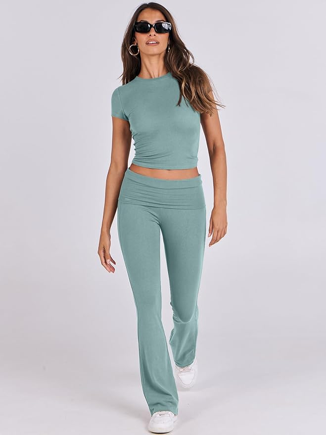 ANRABESS Lounge Sets for Women 2 Piece Foldover Yoga Flare Leggings Pants Crop Tops Casual Y2K Outfits Matching Tracksuit Set
