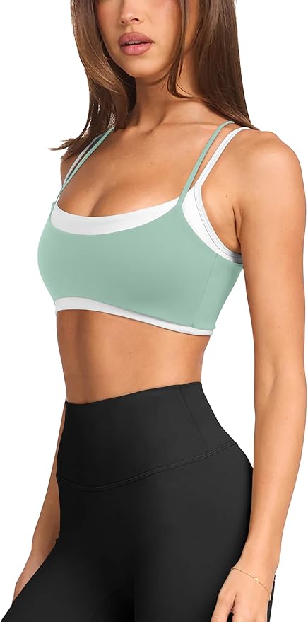 LASLULU Womens Double Layered Sports Bra Adjustable Spaghetti Straps Sexy Scoop Neck Wireless Padded Workout Yoga Crop Tops