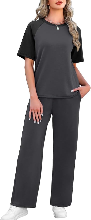 WIHOLL 2 Piece Sets for Women Resort Wear Travel Vacation Outfits Summer Short Sleeve Lounge Sets