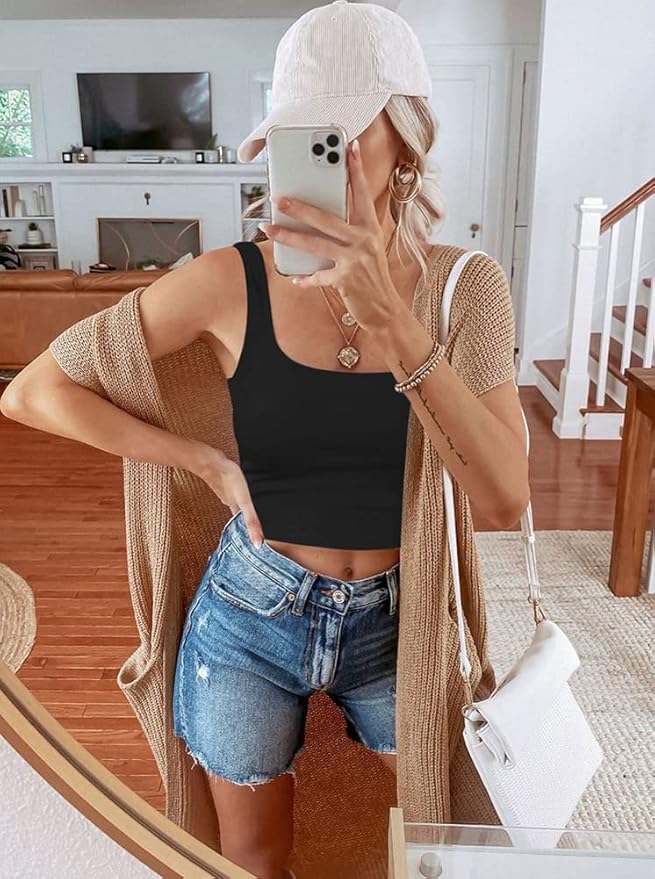 REORIA Women’s Sexy Square Neck Double Lined Seamless Sleeveless Cropped Tank Yoga Crop Basic Tops