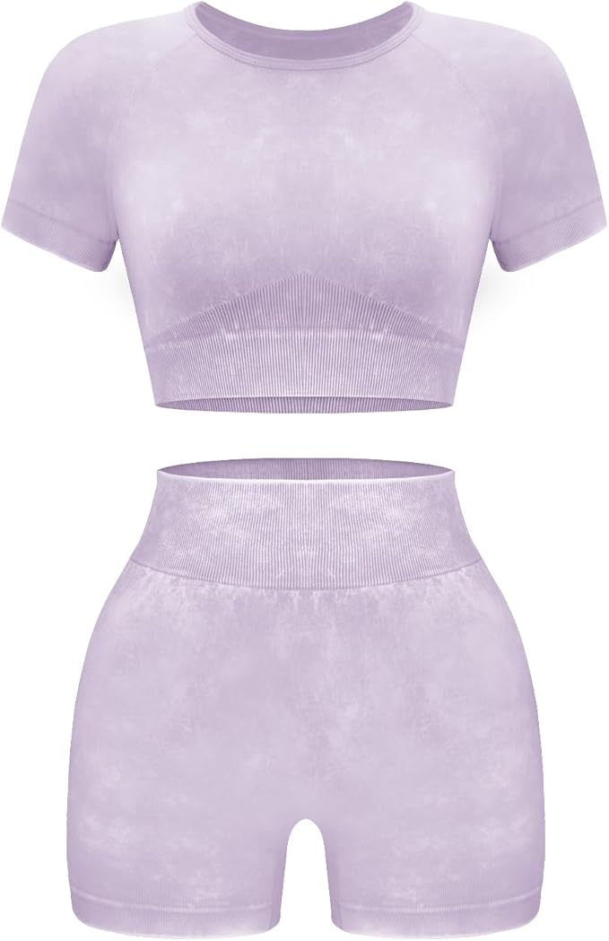 OLCHEE Womens Workout Sets 2 Piece - Seamless Acid Wash Yoga Outfits Shorts and Crop Top Matching Gym Athletic Clothing Set