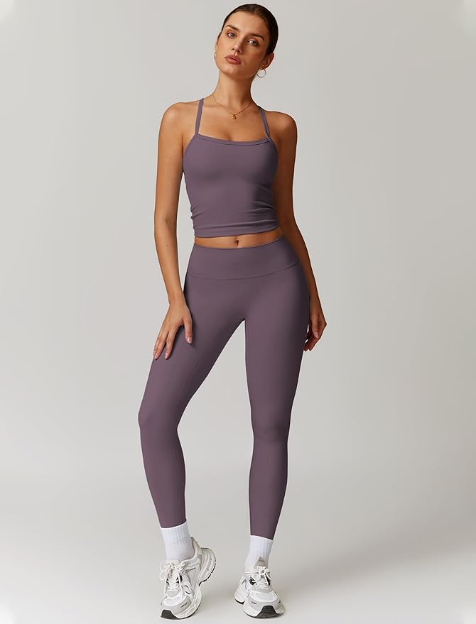 QBGJTD Womens Workout Sets Two Piece Cross Back Tank Top Matching High Waist Leggings Sets Gym Outfits Work Out Clothes