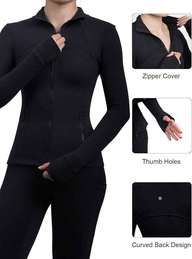 SIS QUEEN Women's Workout Jackets Slim Fit Athletic Track Tops with Pockets Thumb Holes Full Zip Up Lightweight Sportswear