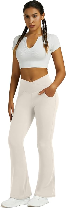 Flare Leggings for Women Yoga Pants with Pockets High Waisted Crossover Flare Leggings Bootcut Casual Yoga Pants